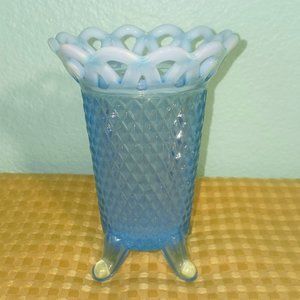 Vintage Imperial Glass Katy Blue Opalescent Vase with Lace Top